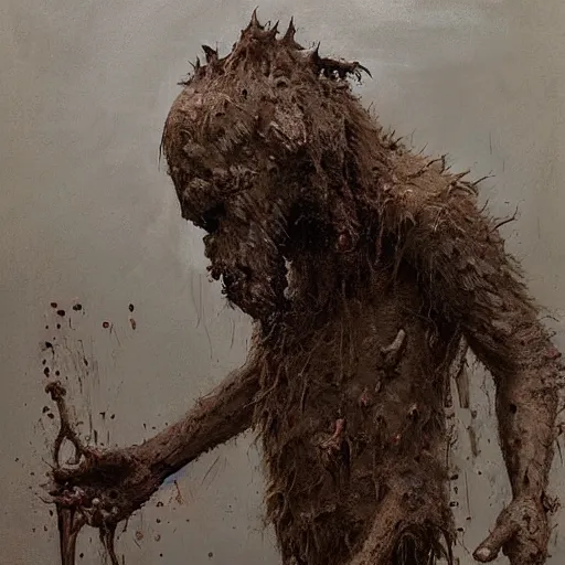 Image similar to painting by jakub rozalski of a muddy rooted humanoid creature with a big hole in the head. half body closeup