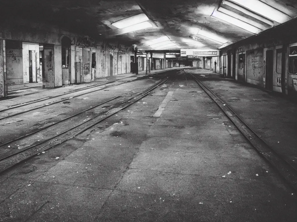 Image similar to “35mm film photography of empty train station, concrete, abandoned, old posters, derelict, damp, dark, cold, bright graffiti, dim strip lighting, empty platform, cinestill 800t, grain”