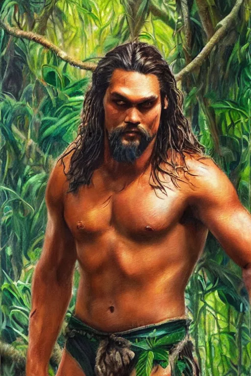 Prompt: Jereme Momoa as Tarzan, lord of the jungle, detailed oil painting, color.