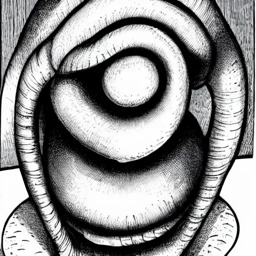 Prompt: a human that looks like a snail by junji ito