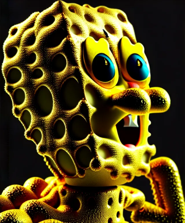 Prompt: complex 3 d render of a spongebob, gold and black, dragon cyborg, 1 5 0 mm, beautiful natural soft light, rim light, gold fractal details, fine lace, anatomical, glass, facial muscles, elegant, ultra detailed, octane render