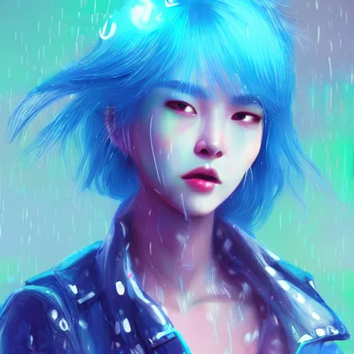 Image similar to a digital painting of choi sora in the rain with blue hair, cute - fine - face, pretty face, cyberpunk art by sim sa - jeong, cgsociety, synchromism, detailed painting, glowing neon, digital illustration, perfect face, extremely fine details, realistic shaded lighting, dynamic colorful background