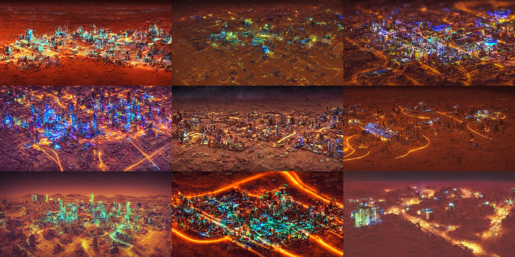 Prompt: Tilt shift photography of the first city on Mars, shot at night with lots of neon, in the style of John Berkey