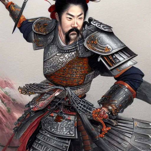 Prompt: dynamic composition, motion, ultra-detailed, incredibly detailed, a lot of details, amazing fine details and brush strokes, colorful and grayish palette, smooth, HD semirealistic anime CG concept art digital painting, watercolor oil painting of a Japanese Samurai wearing armor, from Three Kingdoms, by a Chinese artist at ArtStation, by Huang Guangjian, Fenghua Zhong, Ruan Jia, Xin Jin and Wei Chang. Realistic artwork of a Chinese videogame, gradients, gentle an harmonic grayish colors.