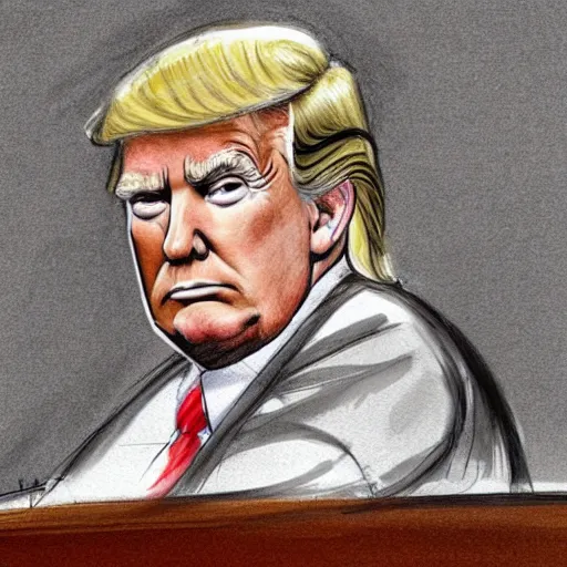 Image similar to donald trump on trial, courtroom sketch