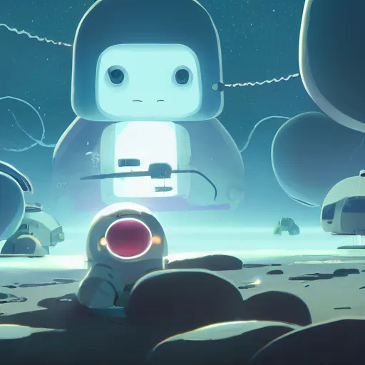 Image similar to baby harp seals astronauts shooting lasers at tentacle alien monsters on an asteroid, atey ghailan, goro fujita, studio ghibli, rim light, stark lighting, clear focus, very coherent,