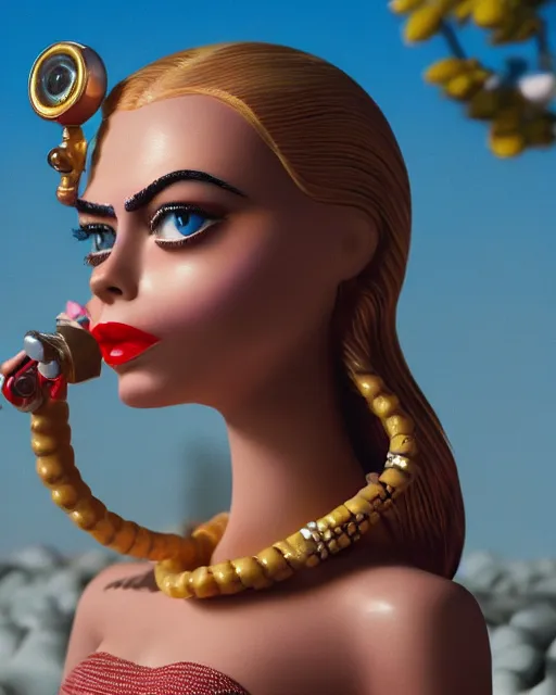 Image similar to closeup face profile portrait of a tin toy retro 1 9 5 0 s cara delevingne, bikini, depth of field, zeiss lens, fashion photoshoot by nicoletta ceccoli, mark ryden, lostfish, breathtaking, detailed and intricate environment, 8 k resolution, extremely detailed, beautiful, establishing shot, artistic, hyperrealistic, octane render