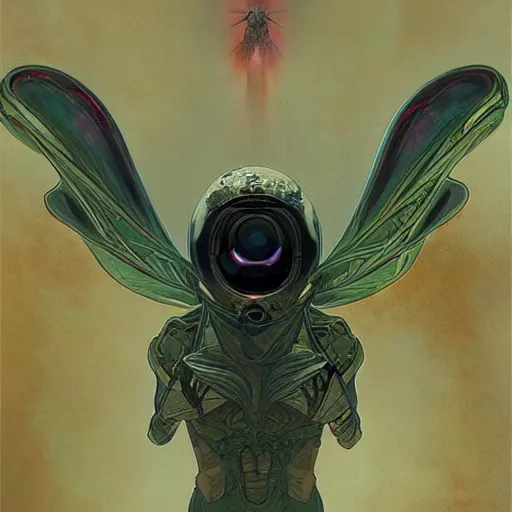 Image similar to the alien cosmic dragonfly looks into your eyes with its eyes at the end of all of time and space and life, by Greg Rutkowski and Alphonse Mucha, horror, existential, artstation, cgsociety