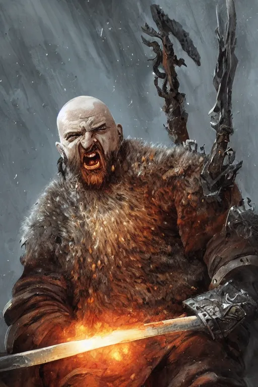 Image similar to A huge, imposing bald man with ashen skin, clothed in ragged furs, wielding a great battle-axe and screaming at the sky, surrounded by a pile of inanimate bodies. D&D, fantasy, dnd, intricate, highly detailed, smooth, artstation, digital illustration by Ruan Jia and Mandy Jurgens and Artgerm and Wayne Barlowe and Greg Rutkowski and Zdislav Beksinski