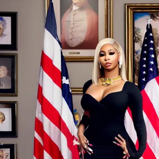 Prompt: president photo of Nicki Minaj real portrait, flag of Argentina behind, background out of focus, in the presidential room,