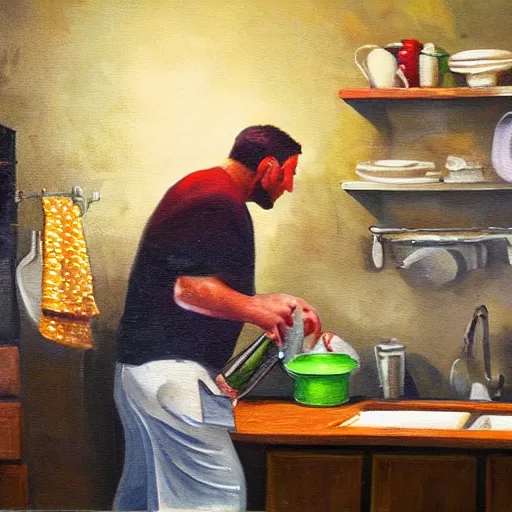 Prompt: realistic oil painting still of mountain pile of dirty dishes overflowing kitchen sink, angry man standing next to sink, high detail