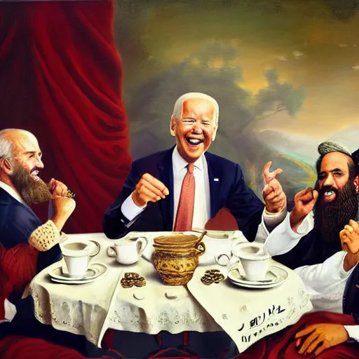 Prompt: a painting of joe biden laugh in tea party with taliban, ultra detailed face, body and gesture, justify content center, hyper realistic content, frontal hyperdetailed realistic content, sharp focus, intricate, dynamic composition, 2 colors, baroque, delete duplicate content