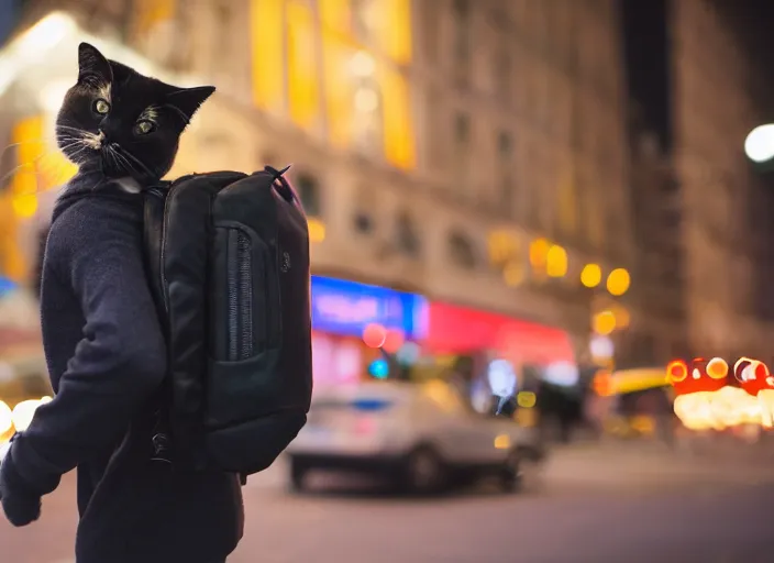 Image similar to photography of a Cat being carried in a backpack . in a new york street. award winning photo, led lighting, night, 130mm, sharp, high res