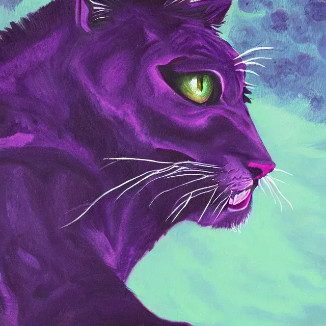 Image similar to closeup of a purple panther roaring at the moon in the forest. night. large moon in the center. cinematic. oil painting. concept art