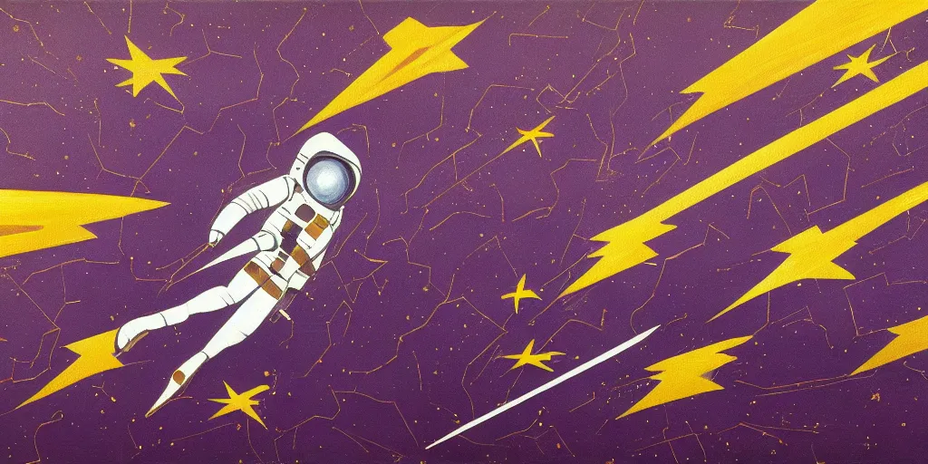 Prompt: textured art deco painting of astronaut, flying from bottom left to top right, muted, geometric, gold and deep purple background with lightning bolt