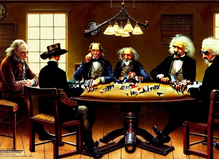 Image similar to isaac newton and stephen hawkins and albert einstein playing poker in an old west saloon, intricate, highly detailed, centered, digital painting, artstation, concept art, smooth, sharp focus, illustration, art by james gurney and norman rockwell and greg rutkowski