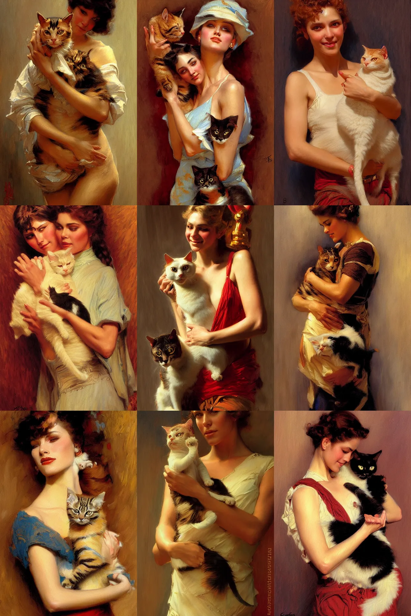 Prompt: a detailed painting of a woman holding a cat in her arms, painting by gaston bussiere, craig mullins, j. c. leyendecker