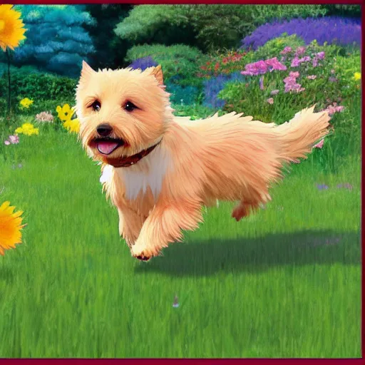 Image similar to A blond Norfolk terrier running and jumping through a field of beautiful flowers in the style of Studio Ghibli, anime, very happy, detailed, award winning