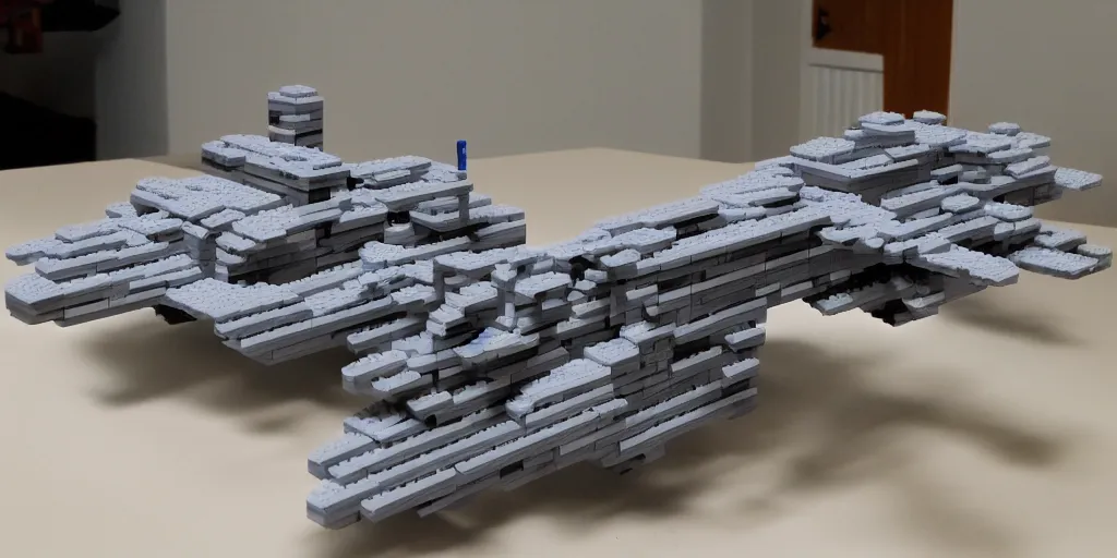 Prompt: gigantic spaceship made with grey legobricks, flying in the galaxy