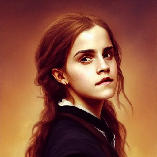 Image similar to Painting of Emma Watson as Hermione Granger. Art by william adolphe bouguereau. During golden hour. Extremely detailed. Beautiful. 4K. Award winning.