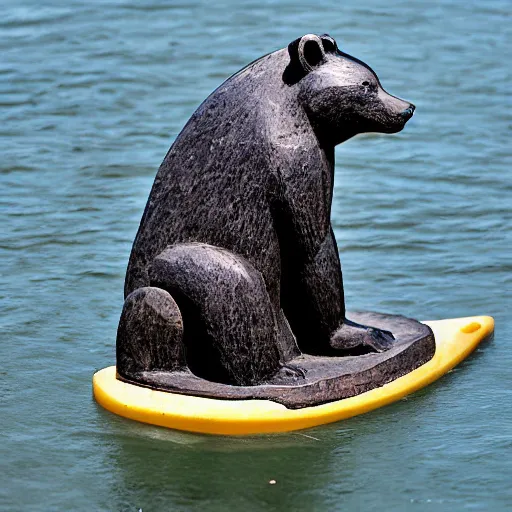 Prompt: soapstone carving of a bear on a paddleboard, in the style of soapstone carving, in the inuit style,