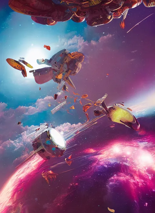 Image similar to An epic fantastic realism comic book style painting of the most beautiful flowers launched into space, bouquets, glorious galactic collision, sharp focus, fisheye, unreal 5, DAZ, hyperrealistic, octane render, dynamic lighting