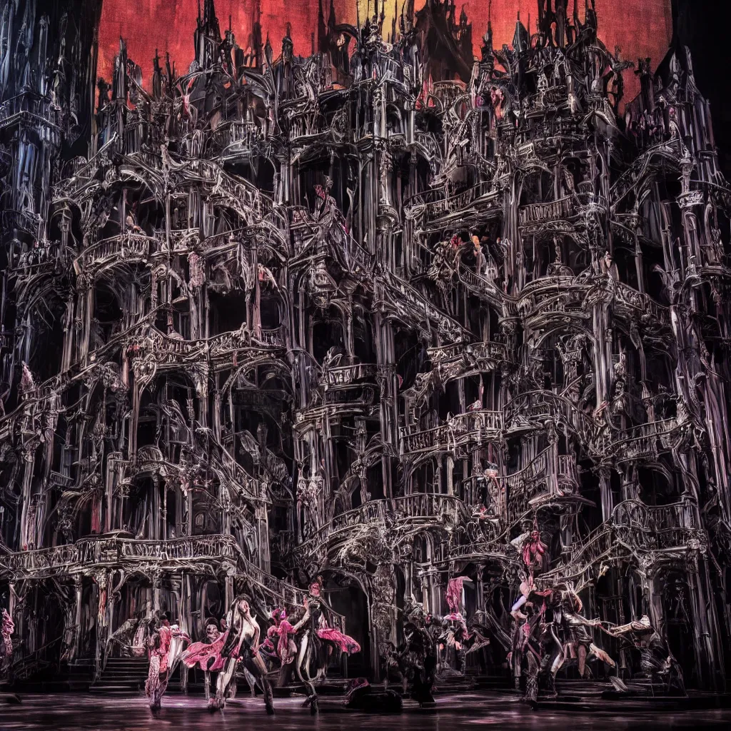 Image similar to photo, a highly - themed dramatic broadway musical set design with huge spectacle, dark and moody futuristic, a dark gothic psychedelic palace