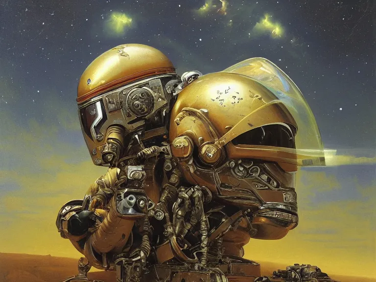 Image similar to a detailed profile oil painting of a lone shock trooper in a spacesuit with reflective helmet, technology flight suit, bounty hunter portrait symmetrical and science fiction theme with lightning, aurora lighting clouds and stars by beksinski carl spitzweg and tuomas korpi. baroque elements, full-length view. baroque element. intricate artwork by caravaggio. Trending on artstation. 8k