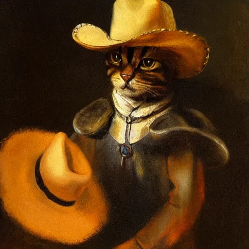 Prompt: A cat dressed as a cowboy, oil painting, by Rembrandt