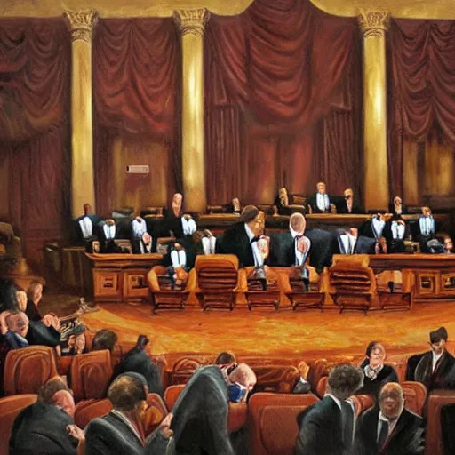 Prompt: oil painting of us senators devouring bones in the Senate chamber