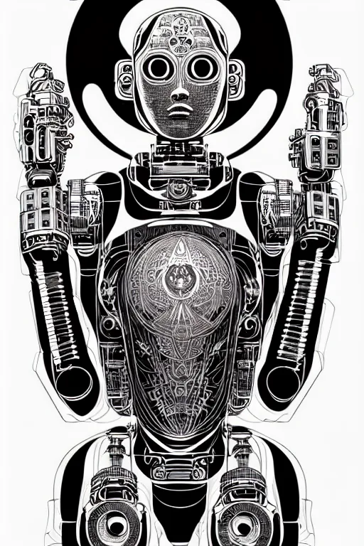 Prompt: blank ink and pen illustration of a cyborg robot 1000 arm Avalokiteshvara , golden ratio, character concept art by character concept art by Shepard Fairey, james jean, Mike Mignola, Laurie Greasley, highly detailed, sharp focus, sharp linework, clean strokes, motherboard, Artstation, deviantart, artgem