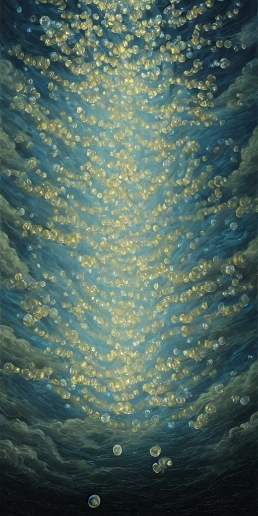 Image similar to baroque oil painting of a thousand little jellyfish flying through the sky!!! different realm, cinematic, dark fantasy, acrylic palette knife, high detail, hyper realism, ray tracing, 4 k resolution, 8 k resolution, full hd, neon, realistic painting by junji ito, laurie lipton and michael whelan