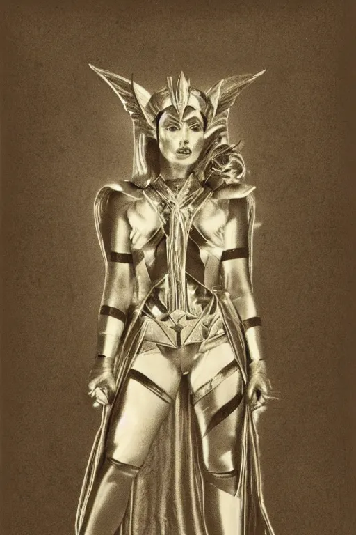 Image similar to she - ra, portrait, full body, symmetrical features, silver iodide, 1 8 8 0 photograph, sepia tone, aged paper, sergio leone, master prime lenses, cinematic