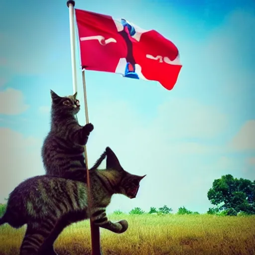 Image similar to a small cat warrior with his national flag riding a large cat steed