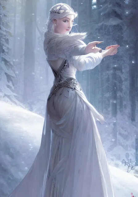 Image similar to snow ice queen frizen sansa, intricate, elegant, highly detailed, digital painting, artstation, concept art, smooth, sharp focus, illustration, art by artgerm and greg rutkowski and alphonse mucha and william - adolphe bouguereau