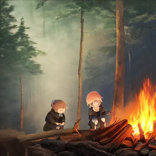 Image similar to yuru camp anime campfire hyperdetailed blue eyes, trending on artstation, cinematic lighting, highly realistically detailed, trending on pixiv , Unreal Engine 4k, detailed faces, manga cover, official anime key visual by greg rutkowski