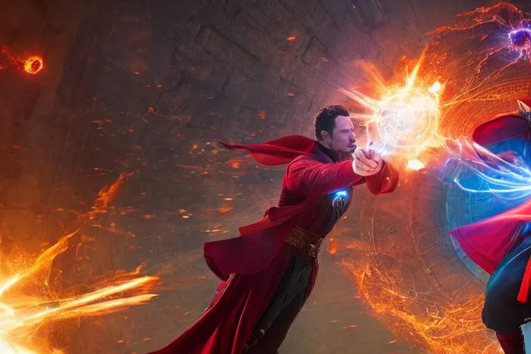 Image similar to Action sequence still of Doctor Strange in the foreground and Scarlet Witch in the background, fighting using magic on a battlefield, Trending on artstation, photorealistic image, photorealistic imagery, 4k, 8k, movie still, action still