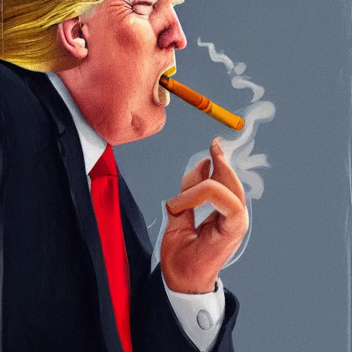 Image similar to a high detail photo of donald trump smoking a cigarrette, subject= donald trump, subject detail: extremly detailed, subject action: smoking a cigar, photorealism, dramatic lighting, award winning photograph, trending on artstation