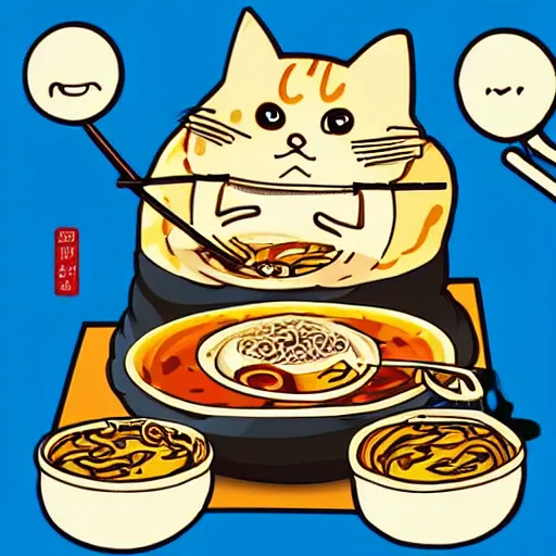 Image similar to fat cat eating ramen noodles on toast, japanese art artstation trending