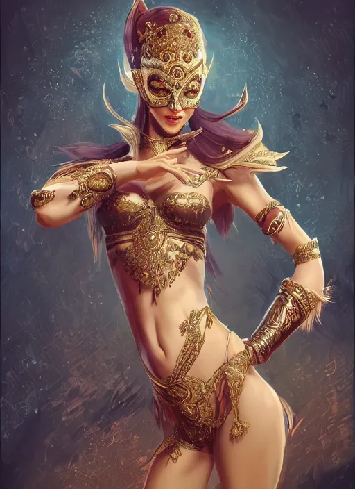 Image similar to a highly detailed illustration of a masked elegant elf arabian dancer, gracefully belly dancing pose, waving both arms, slim model body, intricate, elegant, highly detailed, centered, digital painting, artstation, concept art, smooth, sharp focus, league of legends concept art, WLOP