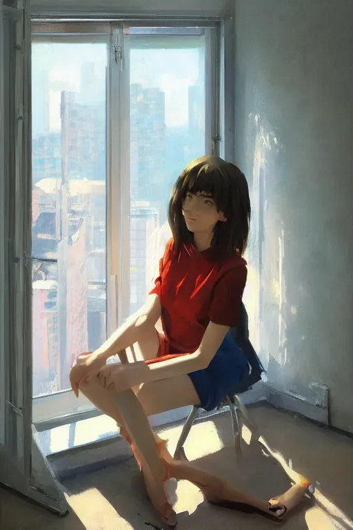 Image similar to A ultradetailed beautiful portrait panting of a stylish girl sitting in a messy modern apartment, bright sunny day, Oil painting, by Ilya Kuvshinov, Greg Rutkowski and Makoto Shinkai