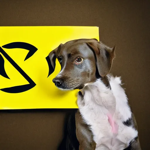 Prompt: professional photo of a dog holding a sign with a nuclear radiation warning on it skull and crossbones yellow three triangles