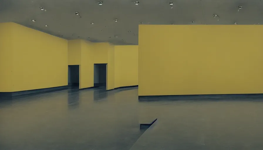 Image similar to 60s movie still of a sovietic stalinist style empty art museum with a soviet congress with yellow wall, flat color, liminal Space style, heavy grain