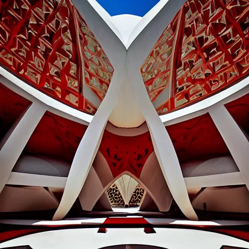 Image similar to interior of a futuristic lotus temple with gold, red and white marble panels, in the desert, by buckminster fuller and syd mead, intricate contemporary architecture, photo journalism, photography, cinematic, national geographic photoshoot