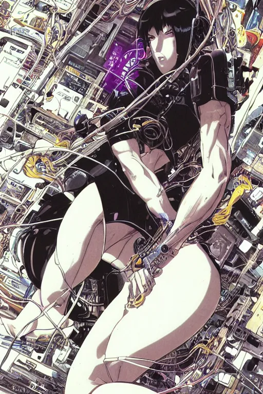 Image similar to ultra coherent motoko kusanagi kneeling on a white in style of masamune shirow, empty floor, with a mess of wires and cables coming out of her head and backside, by Yukito Kishiro and katsuhiro otomo, illustration, cyberpunk, hyper-detailed, colorful, complex, intricate, masterpiece, epic