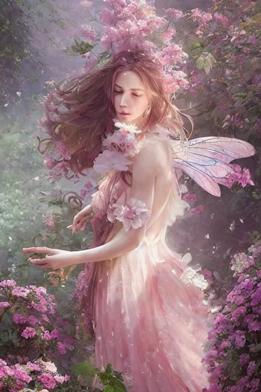 Prompt: a pink beautiful fairy with large wings and flowing hair and beautiful face is exploring her flower garden, art by greg rutkowski, extremely high detail and compexity, very intricate, full body portrait, soft lighting