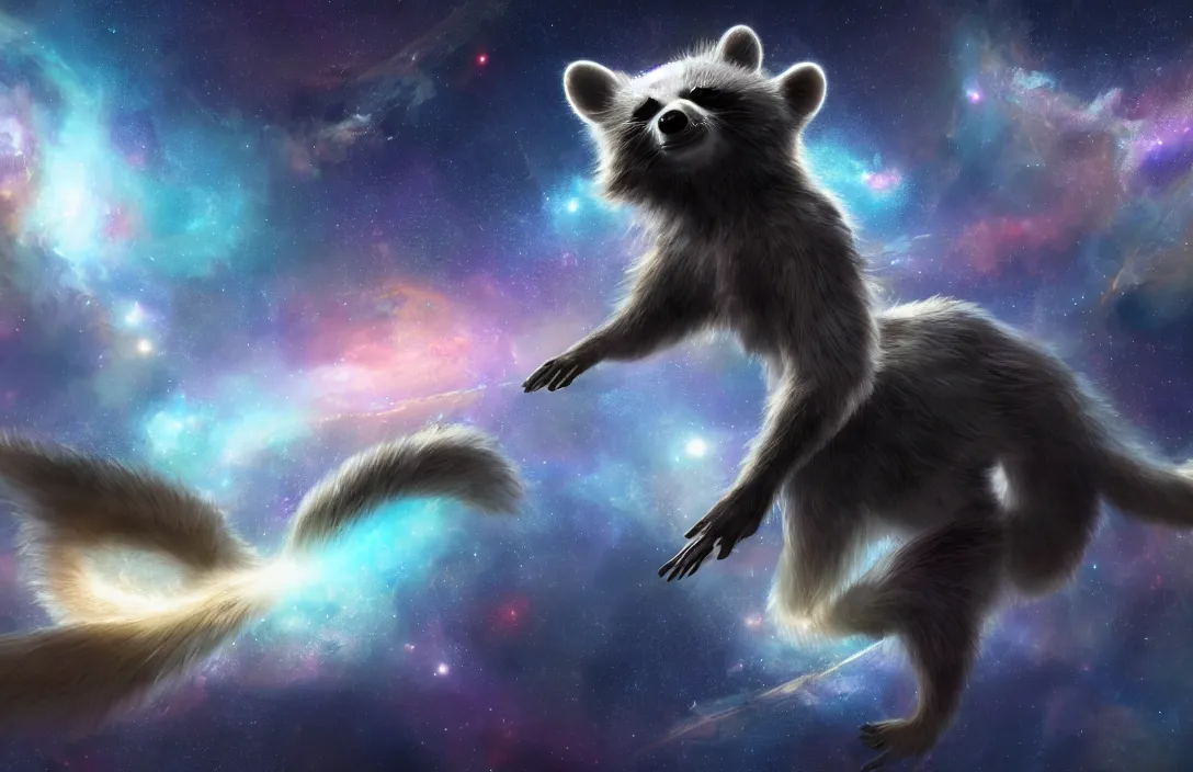 Image similar to A digital concept art painting a space cosmic racoon in the stars 4K UHD image, unreal engine