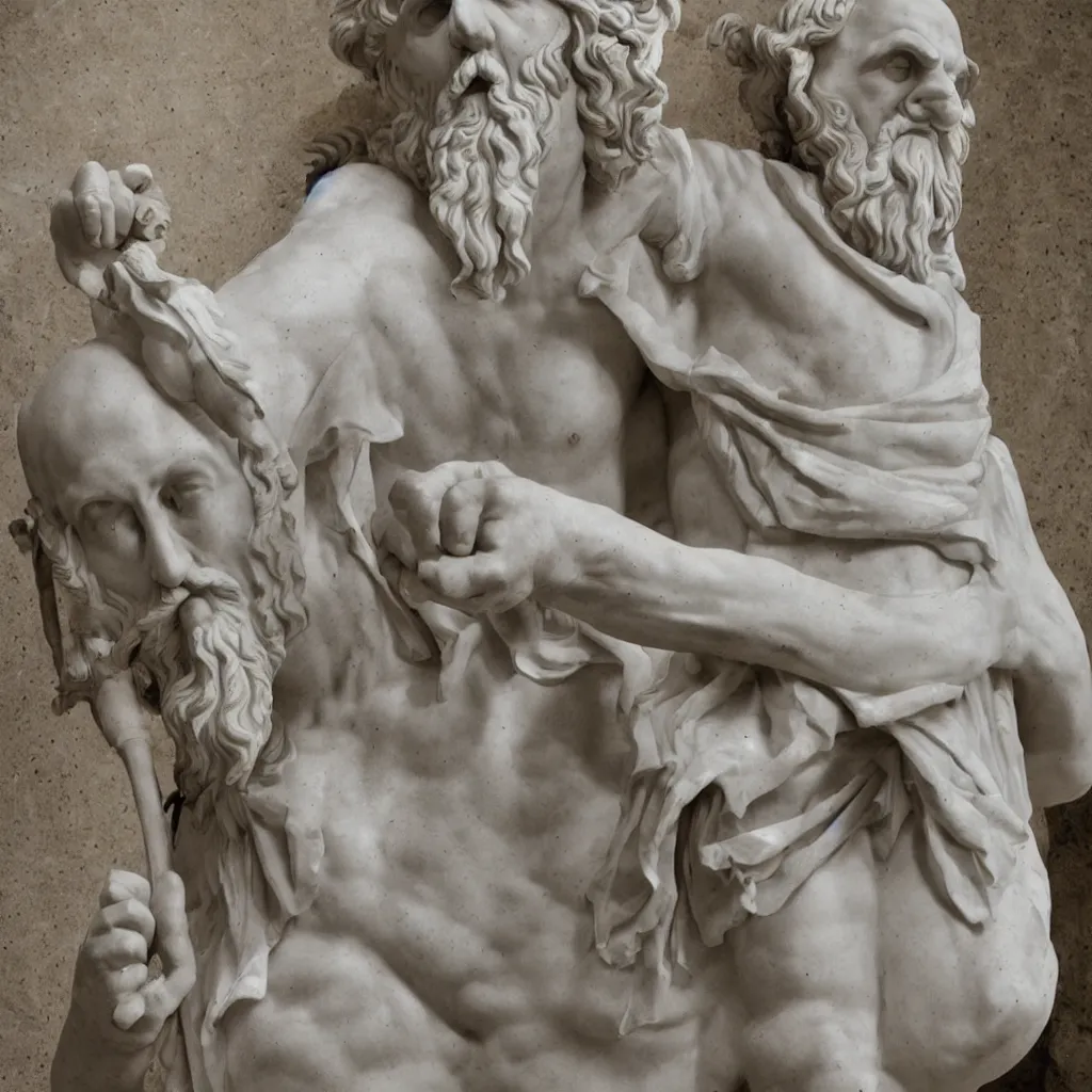 Image similar to epic greek marble statue of a bald man with a long beard playing a marble guitar, photo, chiaroscuro