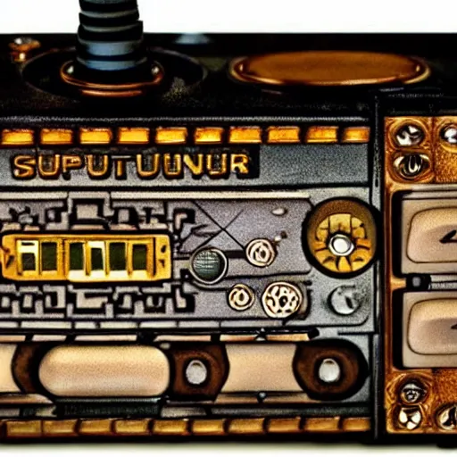 Prompt: steampunk super nintendo console with hand controls, steam, Insanely detailed, clean photorealistic realistic