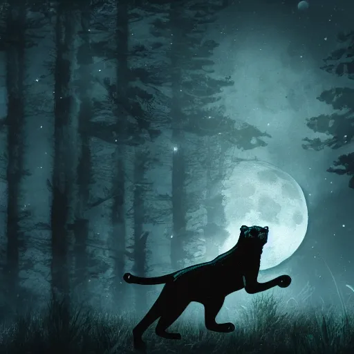 Image similar to a panther roaring at the moon in a forest during the night, large moon in the center. high quality. artistic. illustration. 4 k. cinematic. photoreal. highly detailed. dramatic. dark colors. night.